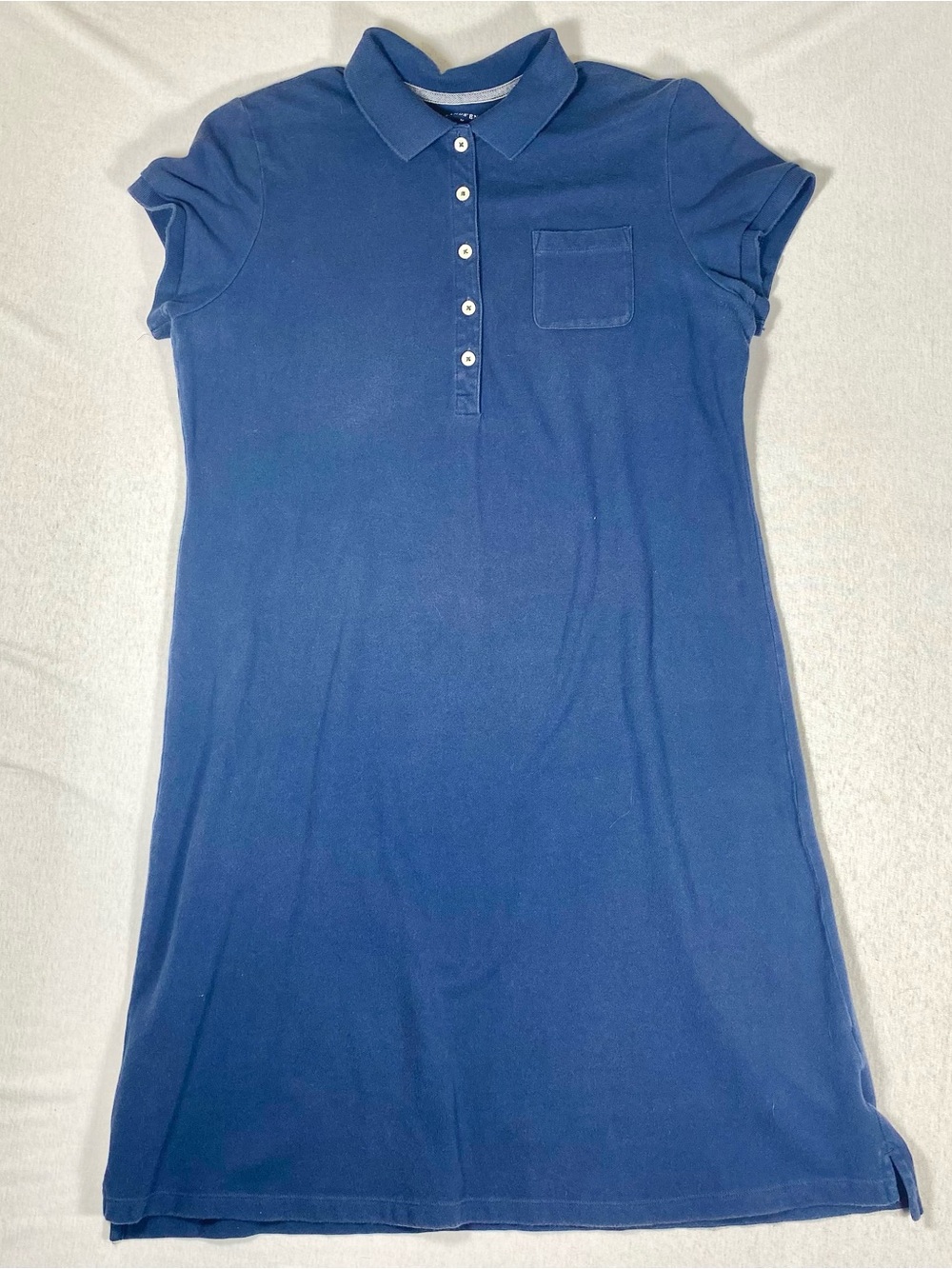 Lands' End Shirt Dress M Blue Collared Knee Length Short Sleeve Pockets Stretch